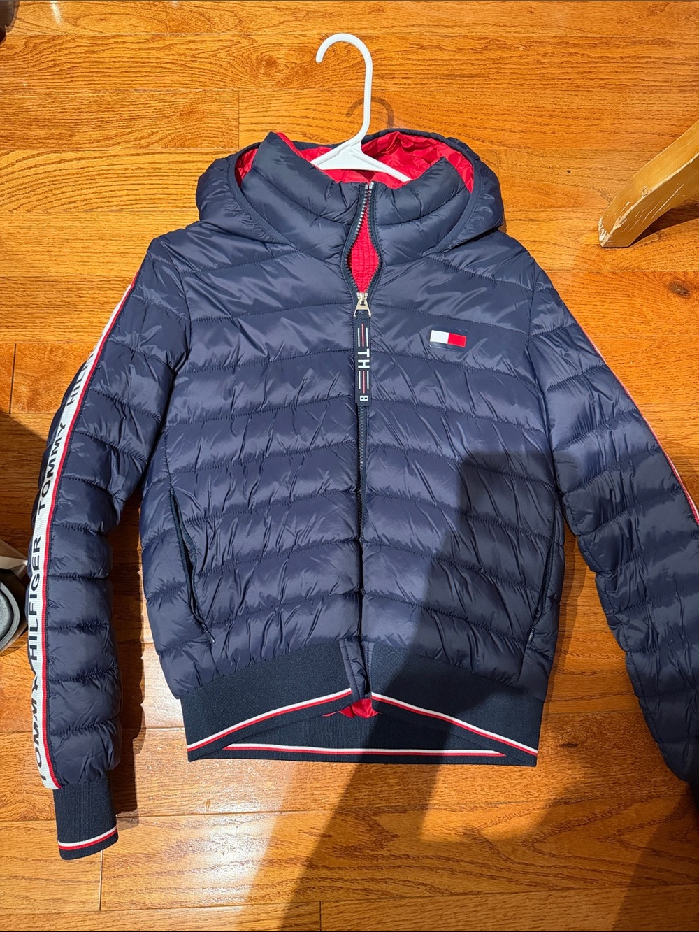 Tommy Hilfiger Navy Puffer Hoodie with Red Trim